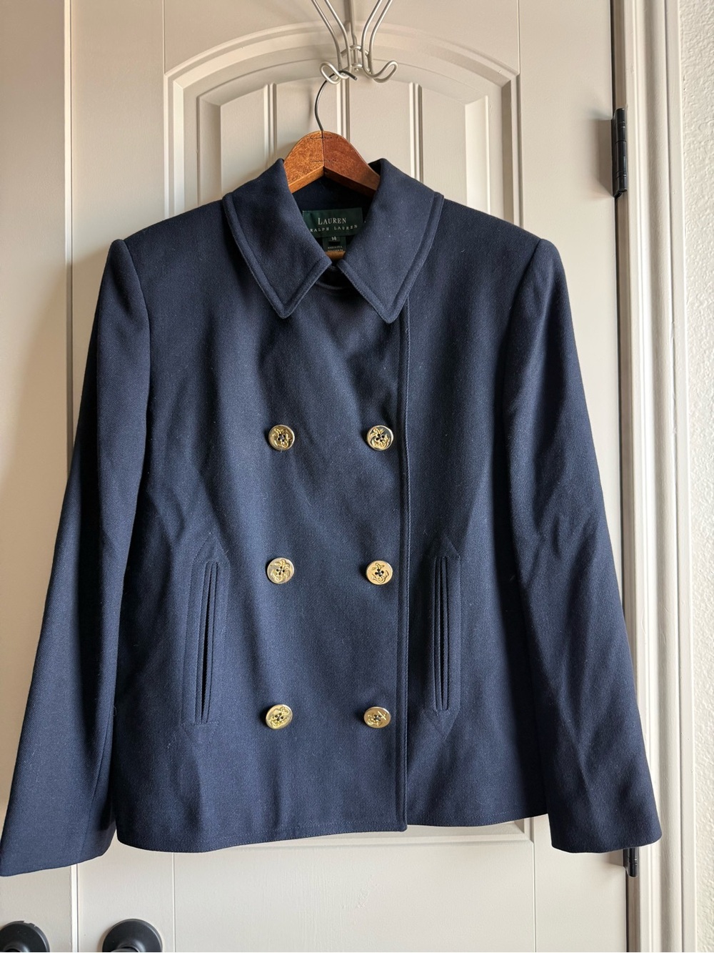 Vintage Ralph Lauren Double Breasted Wool Navy Blue Peacoat Women’s 14